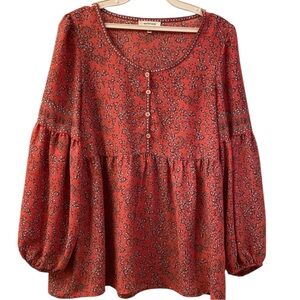 Max Studio Blouse Top Bohemian Style Rounded Neckline Roomy Rust Floral WM SZ S